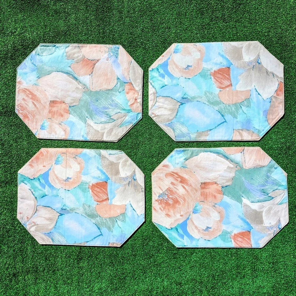 4 Placemats 1990's Floral Paint Brush Strokes Octagonal Pastel Unused 13x17 NOS